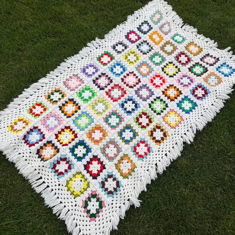 A+ Vintage Handmade Crochet Granny Square Throw Blanket Multi-Color Fringe Boho